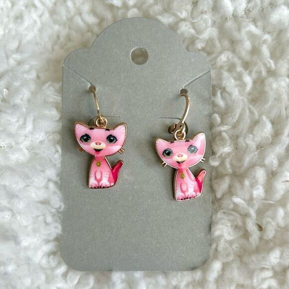 3/$15 Yellow Gold Pink Happy Kitty Cat Dangle Earrings - Picture 4 of 4